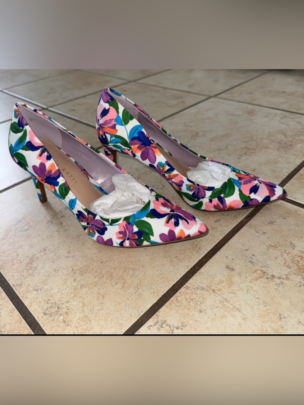 Kelly & Katie White Floral Pointed-Toe Pumps with Pink Purple Blue Green Accents